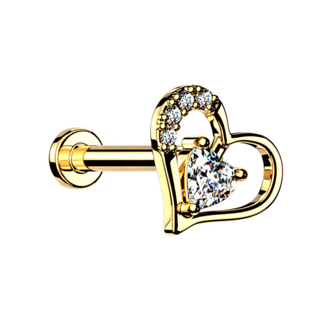 Micro Labret Innengewinde 14k vergoldet Kristallherz im Herz