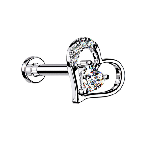 Micro labret filo interno in cristallo dargento cuore nel cuore