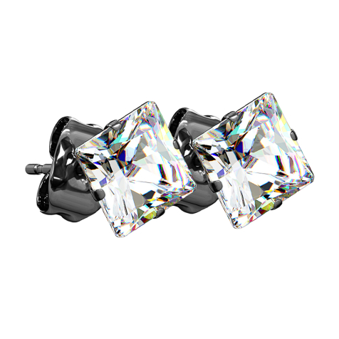 Boucles doreilles noires avec cristal carré argenté