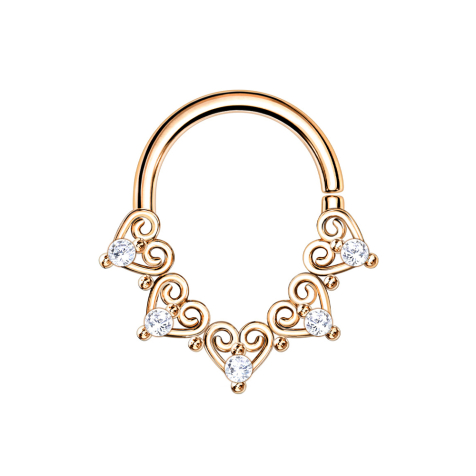 Micro piercing ring rose gold filigree hearts with crystal