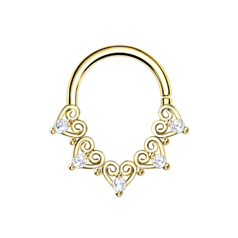 Micro piercing anneau 14k doré filigrane coeur avec cristal