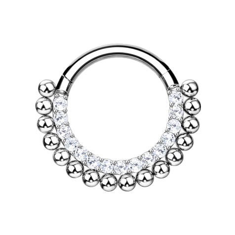 Micro bague segmentée pliable argentée, face avant cristaux argentés et boules