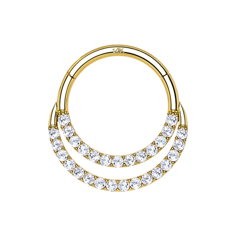 Micro segment ring hinged 14k gold double front crystals silver