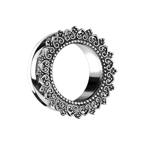 Flesh tunnel silver with tribal filigree hearts