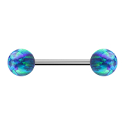 Micro Barbell silber mit zwei Kugeln Opal blau