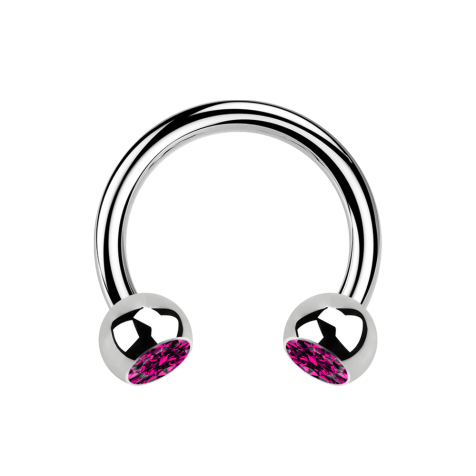 Micro Circular Barbell silver with two crystal balls fuchsia