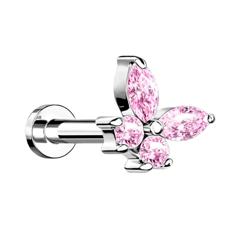 Micro labret filo interno argento farfalla con cristalli rosa