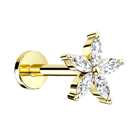 Micro labret filo interno fiore placcato oro con cristallo