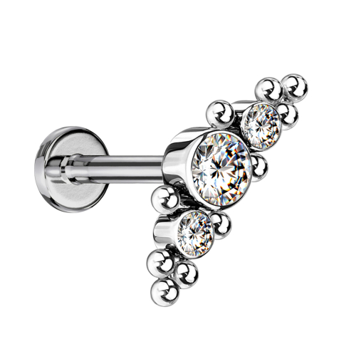 Micro Labret Internal Thread Silver Center with Balls and Three Crystals