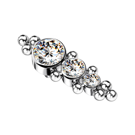 Dermal anchor in silver with balls and three crystals in silver