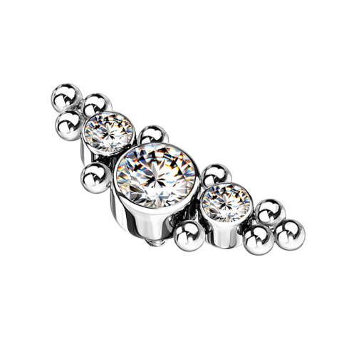 Dermal Anchor silber mittig mit Kugeln und drei Kristallen silber