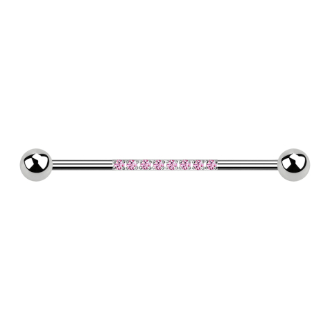 Barbell silver with two balls eight crystals pink