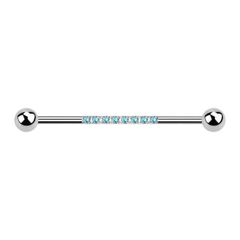 Barbell silver with two balls eight crystals aqua