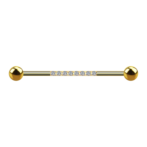 Gold-plated barbell with two balls and eight silver crystals