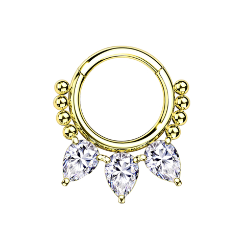 Anello a micro segmenti incernierato con perline placcate oro e tre cristalli a goccia