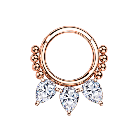 Anello a micro segmenti incernierato con perle in oro rosa e tre cristalli a goccia