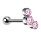 Micro barbell with internal thread, silver with ball and three pink crystals