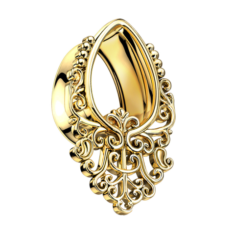 Flared tunnel gold-plated drops with filigree pattern
