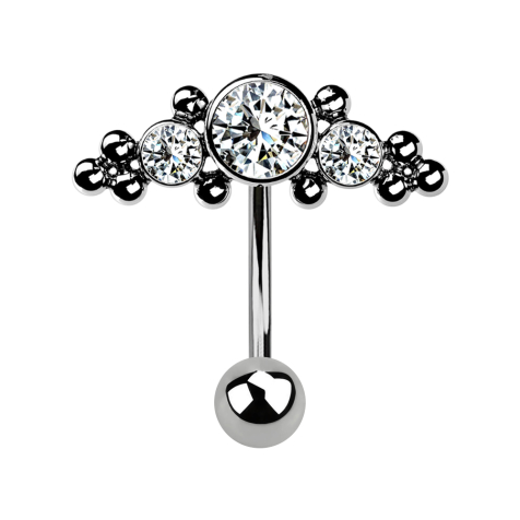 Micro threadless banana silver with ball and center cap with balls and three silver crystals