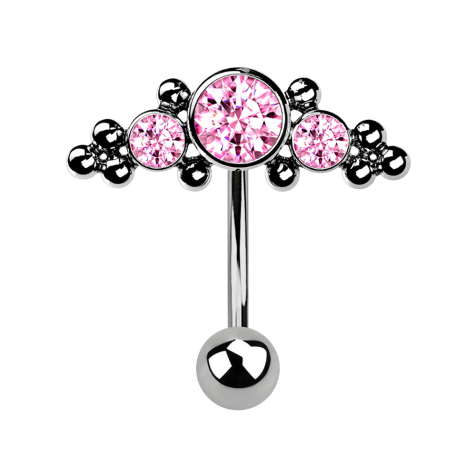 Micro Threadless Banane argent avec boule et embout central avec boules et trois cristaux roses