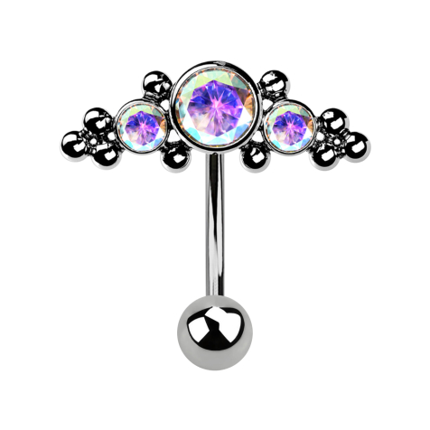 Micro Threadless Banana argento con sfera e inserto centrale con sfere e tre cristalli multicolori