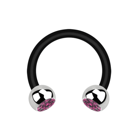 Micro Circular Barbell black with two balls silver crystal pink