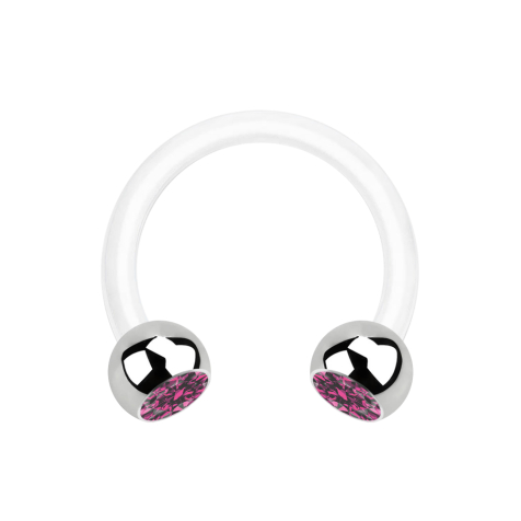 Micro Circular Barbell white with two balls silver crystal pink