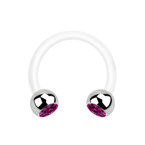 Micro Circular Barbell blanc avec deux boules cristal argenté fuchsia