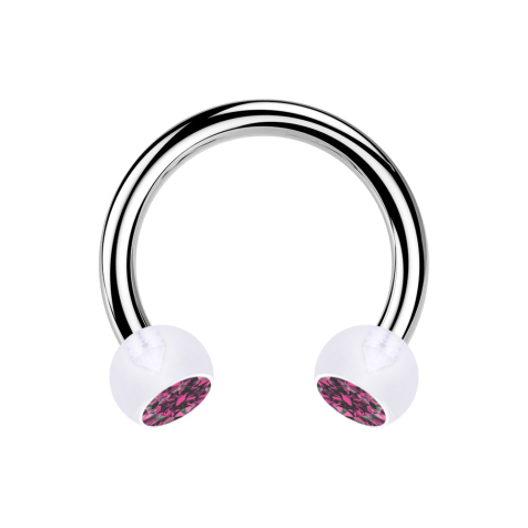 Circular barbell silver with two transparent crystal balls pink