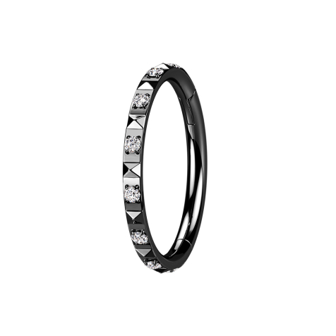 Anello a micro segmenti incernierato con piramidi e cristalli neri argento