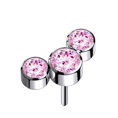 Threadless silver three crystals pink