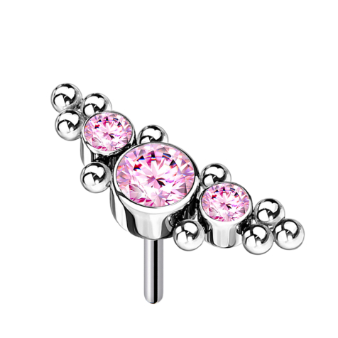 Threadless argenté centré avec boules et trois cristaux roses