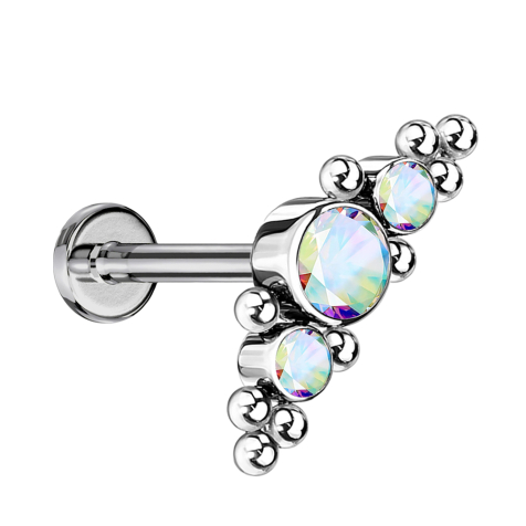 Micro Threadless Labret silber mittig mit Kugeln und drei Kristalle multicolor