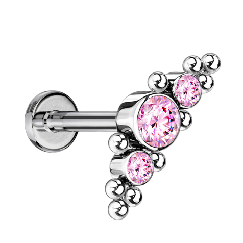 Micro Threadless Labret silber mittig mit Kugeln und drei Kristalle pink