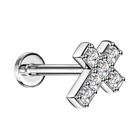 Micro Labret Innengewinde silber Kreuz mit Kristall silber
