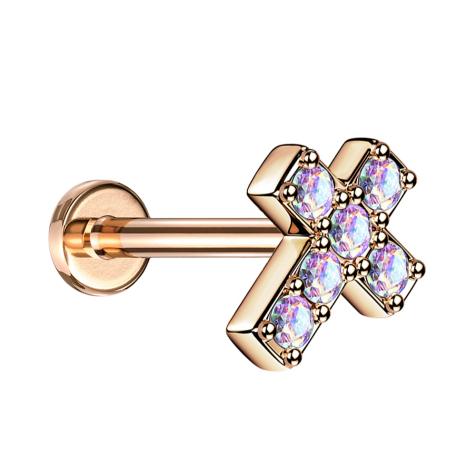 Micro Labret Innengewinde rosegold Kreuz mit Kristall multicolor