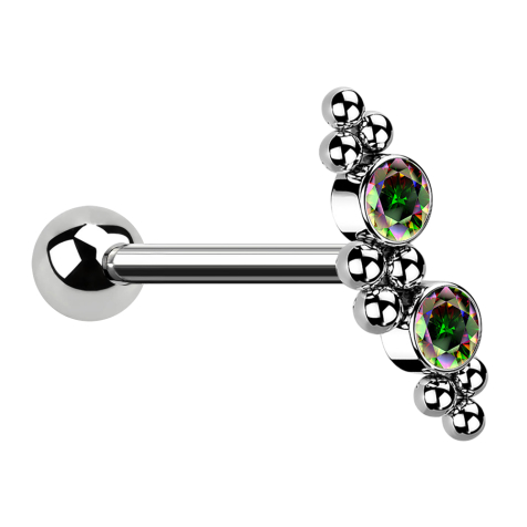 Micro barbell silver with ball two crystals dark multicolor and balls
