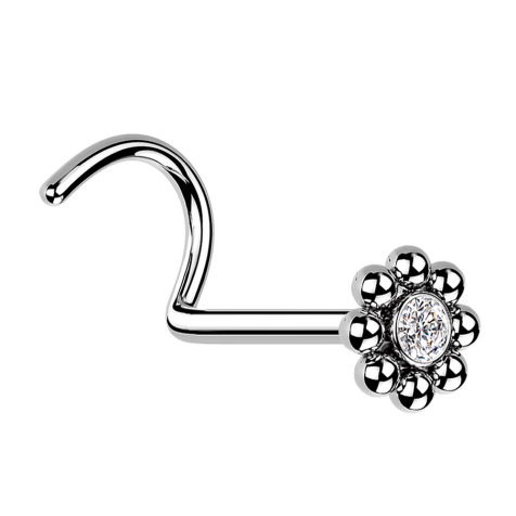 Nose stud curved silver flower with beads and crystal