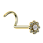 Curved gold-plated nose stud flower with beads and crystal