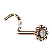 Nose stud curved rose gold flower with beads and crystal