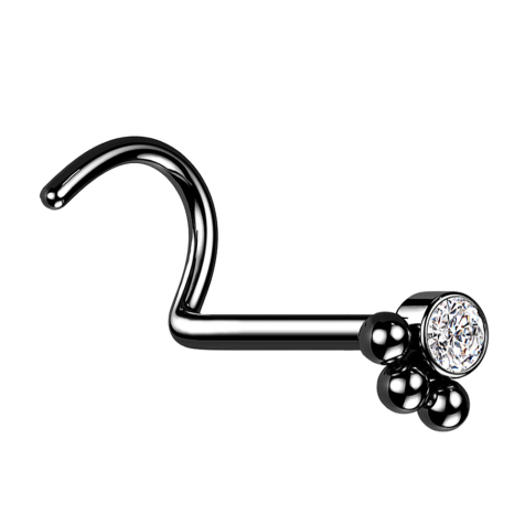 Nose stud curved black crystal with three balls