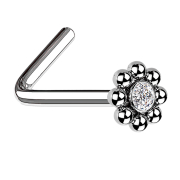 Nose stud angled silver flower with beads and crystal