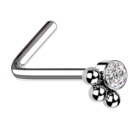 Nose stud angled silver crystal with three balls