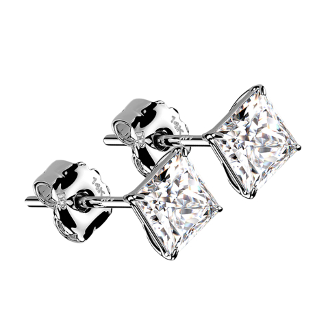 Stud earrings 14k white gold with square crystal silver