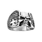 Bague argent crâne ailes et croix de fer