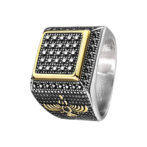 Ring silver black crystals and golden rim