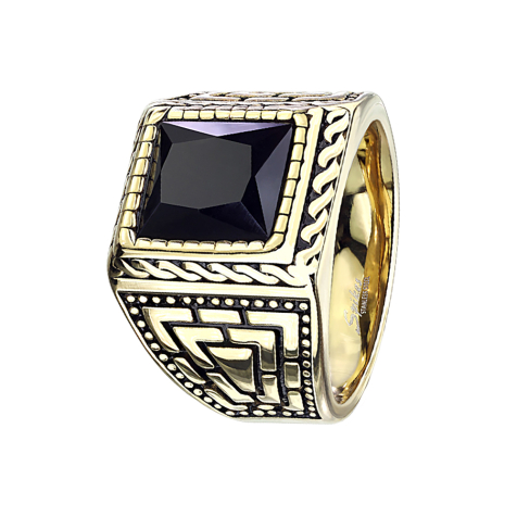 Bague plaquée or avec pierre donyx facettée et motif