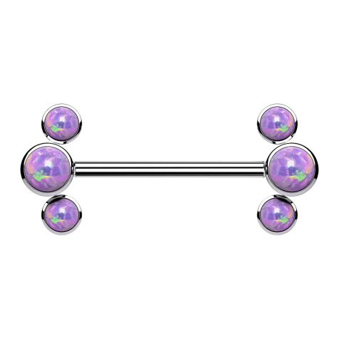 Threadless barbell, silver front, three purple opals