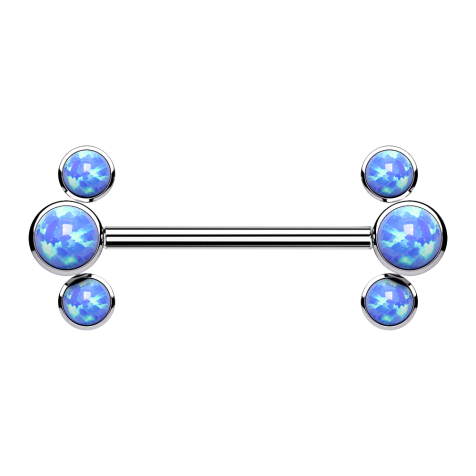 Threadless barbell, silver front, three blue opals