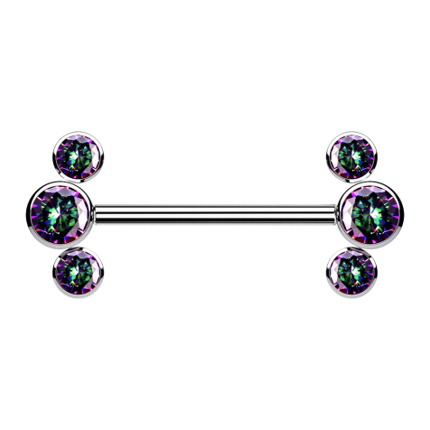 Threadless barbell, silver front, three dark multicolor crystals